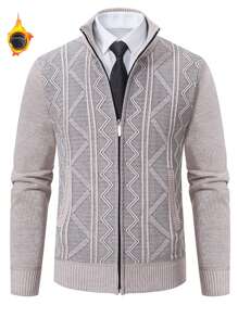 Men's Zip-Up Hooded Cardigan Sweater, Warm Plus Fleece Thick Jacket With Pockets For Winter - Beige - View 2