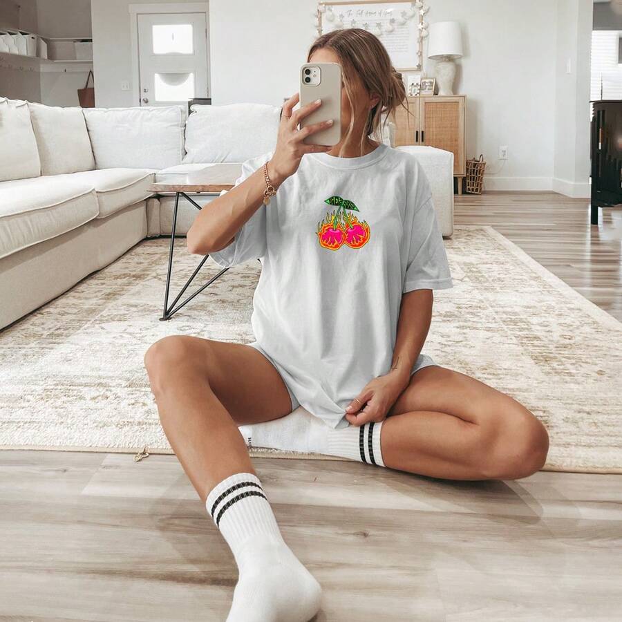 Women's T-Shirt Cotton Street Style Straight Cut Cherry Fire - 白色 - 查看 1