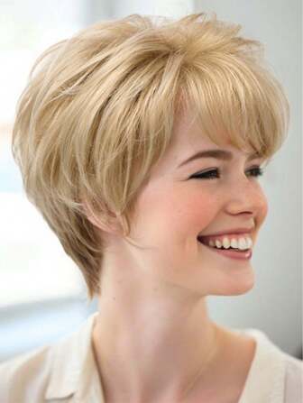 ブロンド色 ショートレイヤー 自然な巻き髪 前髪付き 合成ウィッグ 耐熱 ウィーブ フルウィッグ 女性の日常使用 (ミックス 613#)