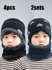 1 件温暖时尚舒适的冬季无檐小帽和围巾套装，适合男孩和女孩在冬季使用。 - 黑色 - 查看 16