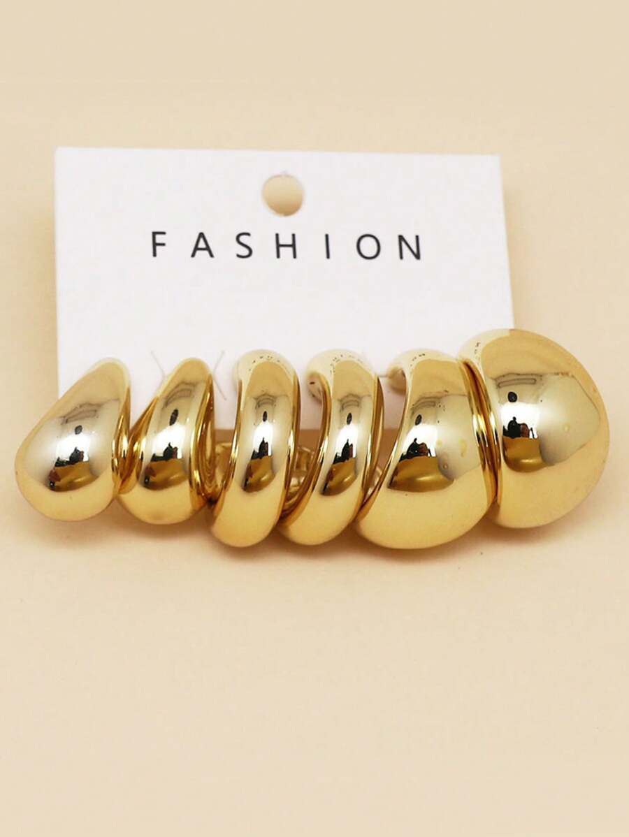 6pcs/Set Fashionable Metallic-Like Ccb Smooth Gold-Plated C-Shaped Chunky  Hoop Earrings Set For Women's Girls Daily Casual Wear - Hoop Earrings - View 1