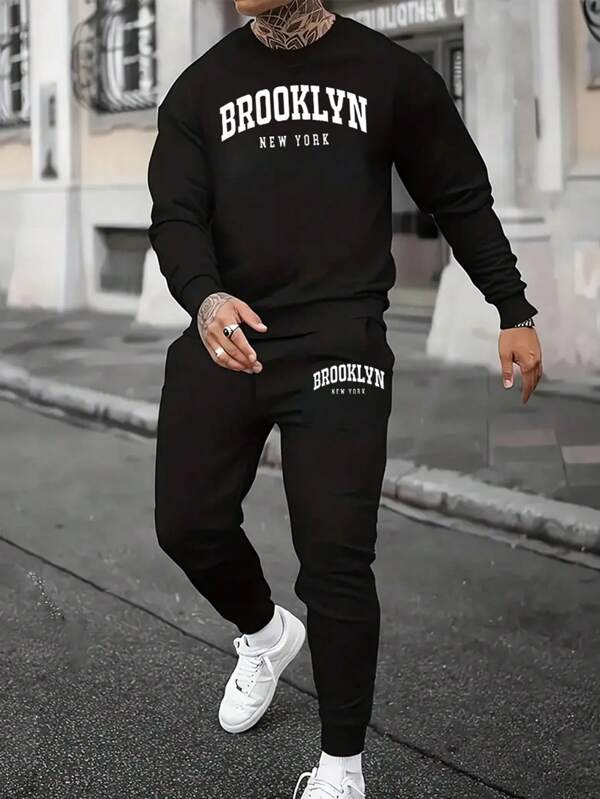 2pcs Men's Brooklyn & New York Typography Graphic Sweatshirt And Drawstring Jogger Pants Set, Soft And Casual