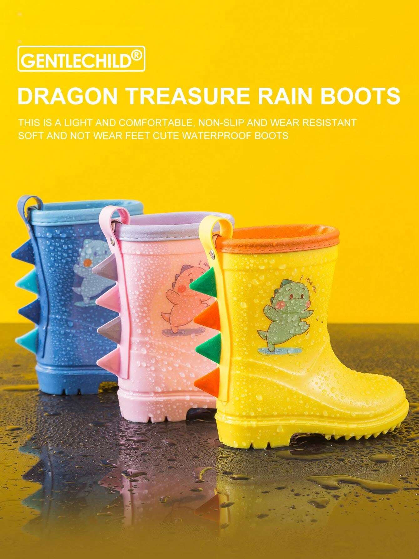 Kids Waterproof Rain Boots, Children Cute Dinosaur 3D Pattern Rain