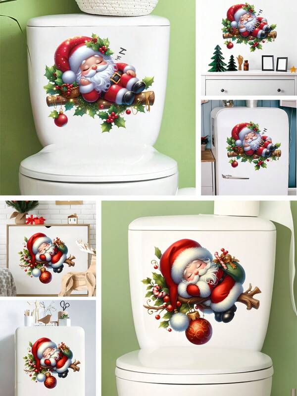 Christmas Decoration - A Set Of Cute Sleeping Santa Claus Toilet Tank Stickers, Wall Stickers, Can Be Used For Bathroom Door Sticker, Wall Sticker, Add A Festive Atmosphere To Your Room  Christmas Decor  Christmas Decorations