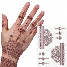 210X150MM 1 Sheets India Mehndi Design Brown Red Maroon Tattoo Stickers, Temporary Tattoos For Women, Waterproof Body Art Stickers, Hand Painted Henna Design, Long Lasting Fake Tattoos For Fingers And Back Of The Hand - 1pc Oblong Shape