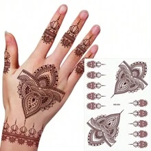210X150MM 1 Sheets India Mehndi Design Brown Red Maroon Tattoo Stickers, Temporary Tattoos For Women, Waterproof Body Art Stickers, Hand Painted Henna Design, Long Lasting Fake Tattoos For Fingers And Back Of The Hand - 1pc Oblong Shape