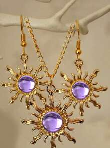 3pcs Bohemian Style Gold-Tone And Light Green Sun Necklace Earring Set For Women