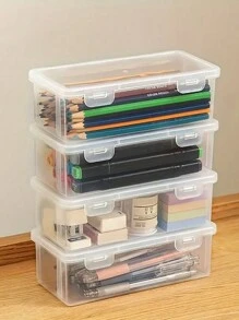 صندوق تخزين بلاستيكي شفاف 1/2/4 قطع، صندوق شفاف كبير السعة، صندوق أقلام وأقلام تحديد وأقلام رصاص للمكتب، منظم قابل للتحريك بغطاء مفصلي، صندوق تخزين مكتبي ولوازم يدوية - متعدد الألوان - مشاهدة 13