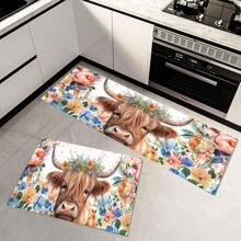 1pc Floral & Bull Print Soft & Comfortable Kitchen Mat, Anti-Stain & Oil, Easy To Clean, Absorbent & Durable Doorway Rug, Suitable For Living Room, Hallway, Bathroom, Laundry Room Decor - Multicolor - View 9