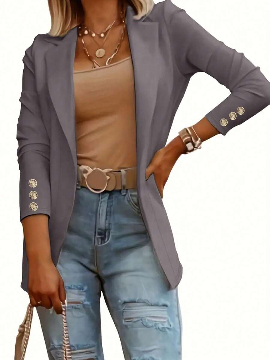New Elegant Long Sleeve Lapel Blazer Jacket For Women - Grey - View 1