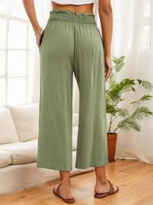Women Capri Pants High Waisted Wide Leg Palazzo Trousers Pull On Elastic Smocked Waist Loose Pants - 綠色 - 查看 2