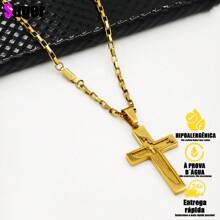 3mm Grumet Chain 18K Gold Plated With Concave Cross Pendant And Lord's Prayer - Dorado - Ver 3