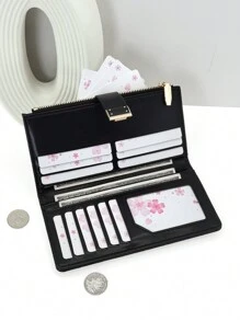 MINGYOU Billetera larga de mujer exquisita de PU con hebilla, cremallera, multifunción, gran capacidad, portador de tarjetas, dulce y encantadora, diseño joven y de moda, sencillo y fácil de llevar, pequeña billetera para tarjetas, regalo para mujeres - Negro - Ver 1
