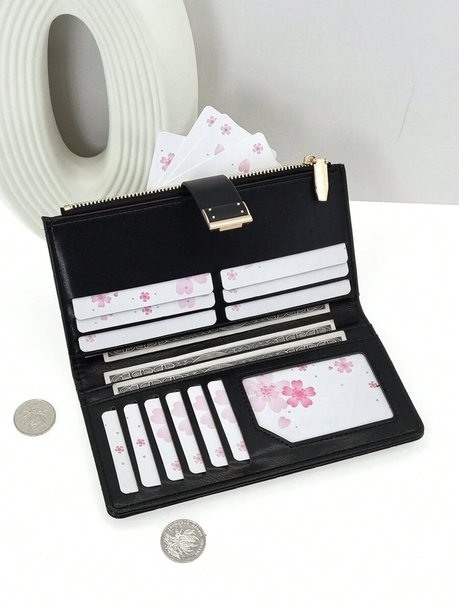 MINGYOU Billetera larga de mujer exquisita de PU con hebilla, cremallera, multifunción, gran capacidad, portador de tarjetas, dulce y encantadora, diseño joven y de moda, sencillo y fácil de llevar, pequeña billetera para tarjetas, regalo para mujeres - Negro - Ver 1