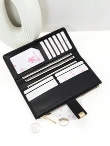 MINGYOU Billetera larga de mujer exquisita de PU con hebilla, cremallera, multifunción, gran capacidad, portador de tarjetas, dulce y encantadora, diseño joven y de moda, sencillo y fácil de llevar, pequeña billetera para tarjetas, regalo para mujeres - Negro - Ver 5