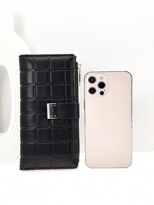 MINGYOU Billetera larga de mujer exquisita de PU con hebilla, cremallera, multifunción, gran capacidad, portador de tarjetas, dulce y encantadora, diseño joven y de moda, sencillo y fácil de llevar, pequeña billetera para tarjetas, regalo para mujeres - Negro - Ver 6