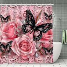 Elegant Butterfly And Rose Shower Curtain And 12 Plastic Hooks - Perfect For Home Decor Home Bathroom Decor Fall Decor Bathroom Accessories Back To School