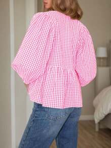 Women's Tie-Front Plaid Ruffle Top Loose Round Neck Three-Quarter Puff Sleeve Shirt Shirt Y2K Going Out Preppy Style Clothing - Hồng - Xem 2