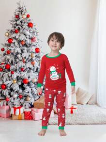 2 件装 Tween Boy 紧身雪人印花圣诞家庭配套睡衣套装，含长袖上衣和裤子，舒适节日睡衣 - 紅色 - 查看 4