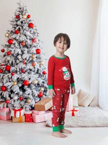 2 件装 Tween Boy 紧身雪人印花圣诞家庭配套睡衣套装，含长袖上衣和裤子，舒适节日睡衣 - 紅色 - 查看 6