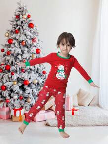2 件装 Tween Boy 紧身雪人印花圣诞家庭配套睡衣套装，含长袖上衣和裤子，舒适节日睡衣 - 紅色 - 查看 5