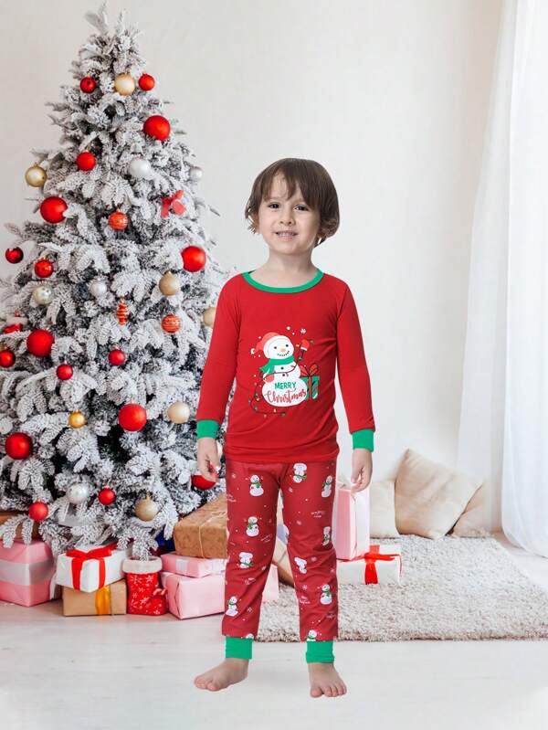 2 peças Conjunto de Pijama de Natal Família Combinando Estampa de Boneco de Neve Ajuste Justo, com Top de Manga Longa e Calça, Roupa de Dormir Confortável para Férias, Tamanho Jovem Garoto