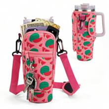 Túi đựng chai nước 1 cái, phù hợp với cốc đáy phẳng 40oz, có 1 carabiner, dây đeo vai có thể điều chỉnh, phụ kiện chai nước thể thao ngoài trời, thích hợp cho du lịch, đi bộ đường dài, cắm trại - màu dưa hấu - Xem 1