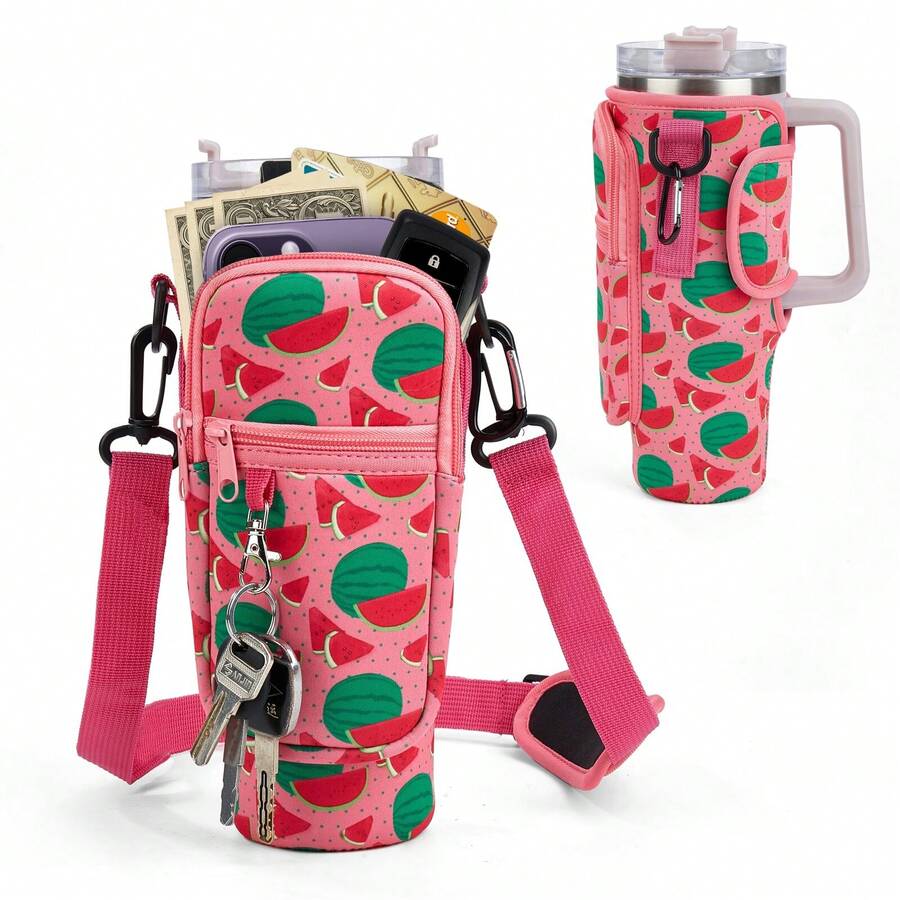Túi đựng chai nước 1 cái, phù hợp với cốc đáy phẳng 40oz, có 1 carabiner, dây đeo vai có thể điều chỉnh, phụ kiện chai nước thể thao ngoài trời, thích hợp cho du lịch, đi bộ đường dài, cắm trại - màu dưa hấu - Xem 1