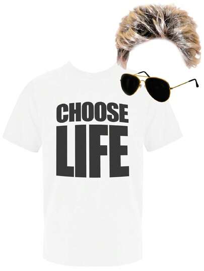 I LOVE FANCY DRESS 3pc Mens 1980s Fancy Dress Costume George Michael Choose Life T-Shirt Wig And Glasses Adults 80s Party Outfit Singer Music Icon Best Of British Wham