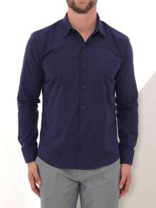 KIT Masculino 2 Peças - Camisa Social Tipo Linho Azul Marinho e Camisa Social Manga Longa Slim Azul Marinho - Azul Marinho - Visão 3