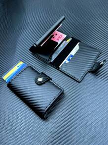 1件时尚男士钱包仿碳纤维卡盒自动弹起铝合金RFID卡盒防盗刷卡夹防消磁卡包屏蔽