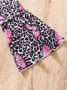 Set di top a maniche lunghe con stampa farfalla e pantaloni a zampa di leopardo per ragazze giovani, morbido e confortevole tessuto, adatto per primavera e autunno