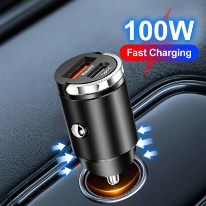 1 pieza Cargador de coche USB negro de 100W con carga rápida tipo C, compatible con Apple , iPad, teléfonos Android y portátiles. Cargador rápido compacto y de diseño eficiente para cargar varios dispositivos durante el viaje. Regalo ideal para familia, amigos, niños, cumpleaños, Navidad, invierno, accesorios de coche.