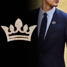 Men's Luxury Micro-Inlaid Zirconia Crown Brooch Pin, Shirt Collar Suit Accessory Boutonniere, Christmas, New Year, Valentine's Day, Holiday Gift - Gold - View 2