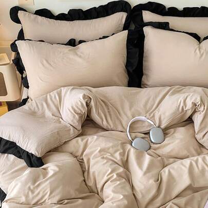 Khaki Ruffled Soft Skin-Friendly 3 Pieces Duvet Cover Set, Suitable For Bedroom, Guest Room, All Season