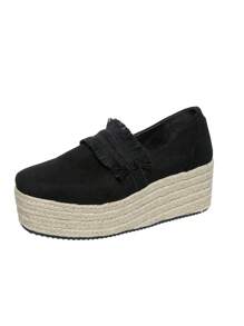 Sepatu Slip-On Espadrille Platform Wedge Ujung Bulat Wanita, Sepatu Hak Tinggi Suede Sol Tali Linen Kasual Luar Ruangan, Ukuran 35-43, Musim Semi/Gugur (Ukuran Setengah Lebih Besar) - Hitam - View 8