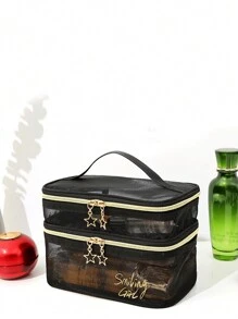 1 túi đựng đồ trang điểm họa tiết chữ cái, túi đựng đồ trang điểm bằng polyamide hiện đại dùng cho gia đình và du lịch, dùng cho kỳ nghỉ bãi biển, bộ sưu tập phòng tắm, bộ sưu tập phòng ngủ, dung tích lớn - màu đen - Xem 8