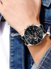 VA VA VOOM 45mm Men's Quartz Stainless Steel Waterproof Watch With Black Dial, Business Calendar, Multi-Function Analog Wristwatch