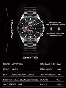 VA VA VOOM 45mm Men's Quartz Stainless Steel Waterproof Watch With Black Dial, Business Calendar, Multi-Function Analog Wristwatch