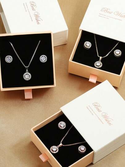 1 conjunto minimalista de colar, pulseira e brincos de zircônia cúbica de cobre, caixa de presente, presente para amiga, mãe ou filha, presente de dia dos namorados