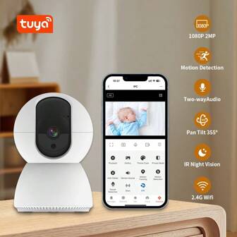 Cámara de vigilancia inteligente para bebés HD 1080P, cámara inteligente PTZ para interiores de hogar - WiFi de 2.4G, rotación de 355°, visión nocturna, audio bidireccional, detección de movimiento/sonido, alertas móviles, aplicación Tuya/Smart Life, almacenamiento en tarjeta TF y en la nube, alimentada por USB para la guardería y el hogar; consulta el video para las instrucciones de conexión y, si aún falla la conexión, mantén presionado el botón de reinicio cerca de la ranura de la tarjeta.