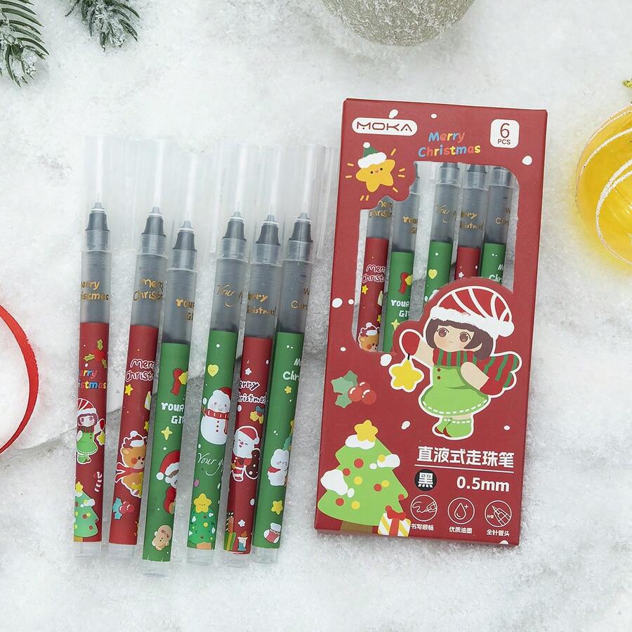 【6支1盒】可爱圣诞限量直液圆珠笔圣诞文具用品学生0.5黑色水笔可爱签字笔 - 黑色 - 查看 1