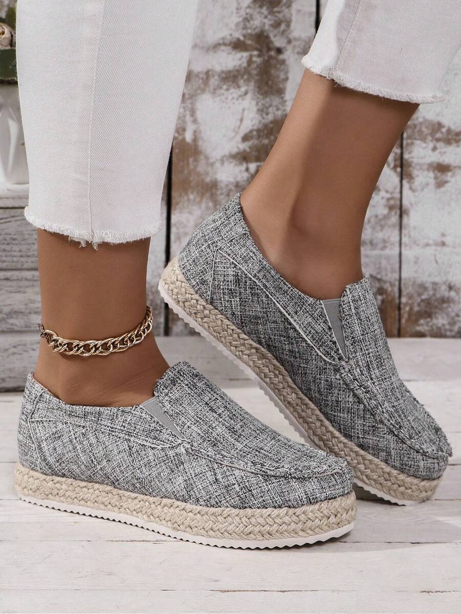 女士秋季一脚蹬休闲布鞋渔夫绳编织弹力平底乐福鞋 - 深灰色 - 查看 1