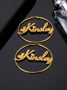 Bông tai tròn chữ cái tên bằng thép không gỉ 70mm cá nhân hóa cho phụ nữ, Bông tai tròn mờ có tên Quà tặng trang sức dự tiệc - Vàng - Xem 3