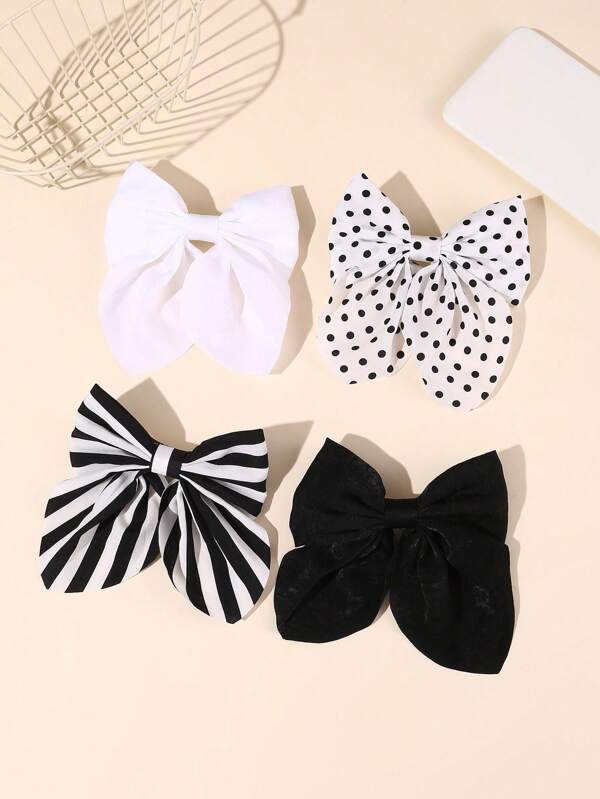 4pcs Women's Fashion Hair Clips, Black & White, Polka Dot, Striped Print, Bow Design, Suitable For Daily Wear, Vacation Matching, Great Gift For Best Friends, Claw Clips, Hair Claws, Hair Slide, Hair Barrettes