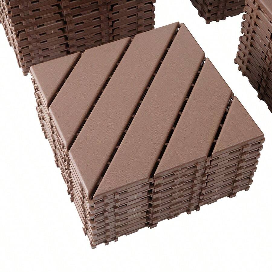 44 piezas de losetas de terraza entrelazadas de 12" X 12", revestimiento de patio al aire libre impermeable, losetas de terraza entrelazadas de plástico para uso en cualquier clima para cubierta de patio, piscina, balcón y jardín - Marrón - Ver 1