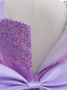 小女孩紫色亮片盖袖网眼公主裙，适合派对