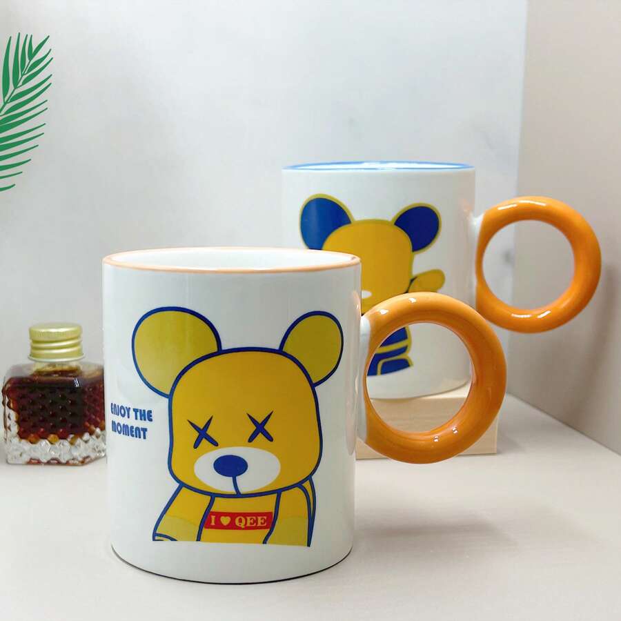 Teddy Bear Pattern Ceramic Mug, Large Capacity Household Water/Coffee/Milk/Tea Cup - Blue - View 1