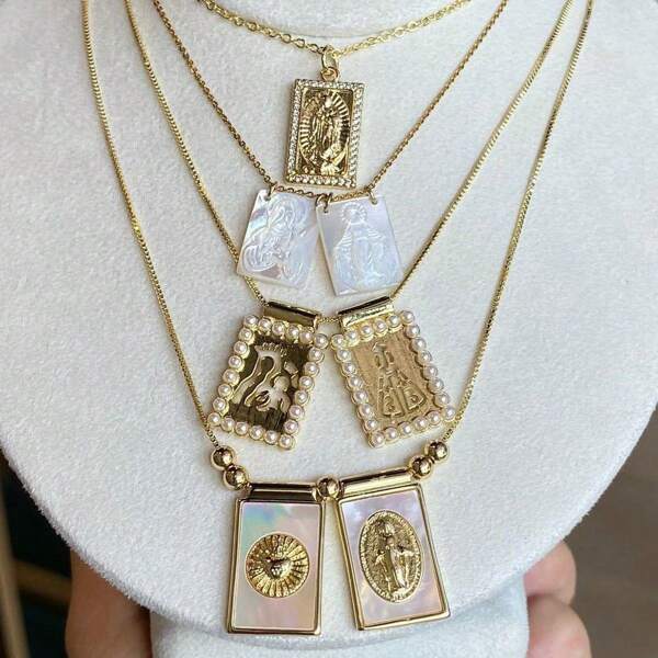 1pc Natural Mother Pearl Shell Jesus Charms Necklace Cubic Zirconia Religious Medals Virgin Mary Choker Necklace For Gift