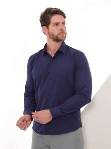 KIT Masculino 2 Peças - Camisa Social Tipo Linho Azul Marinho e Camisa Social Manga Longa Slim Azul Marinho - Azul Marinho - Visão 10